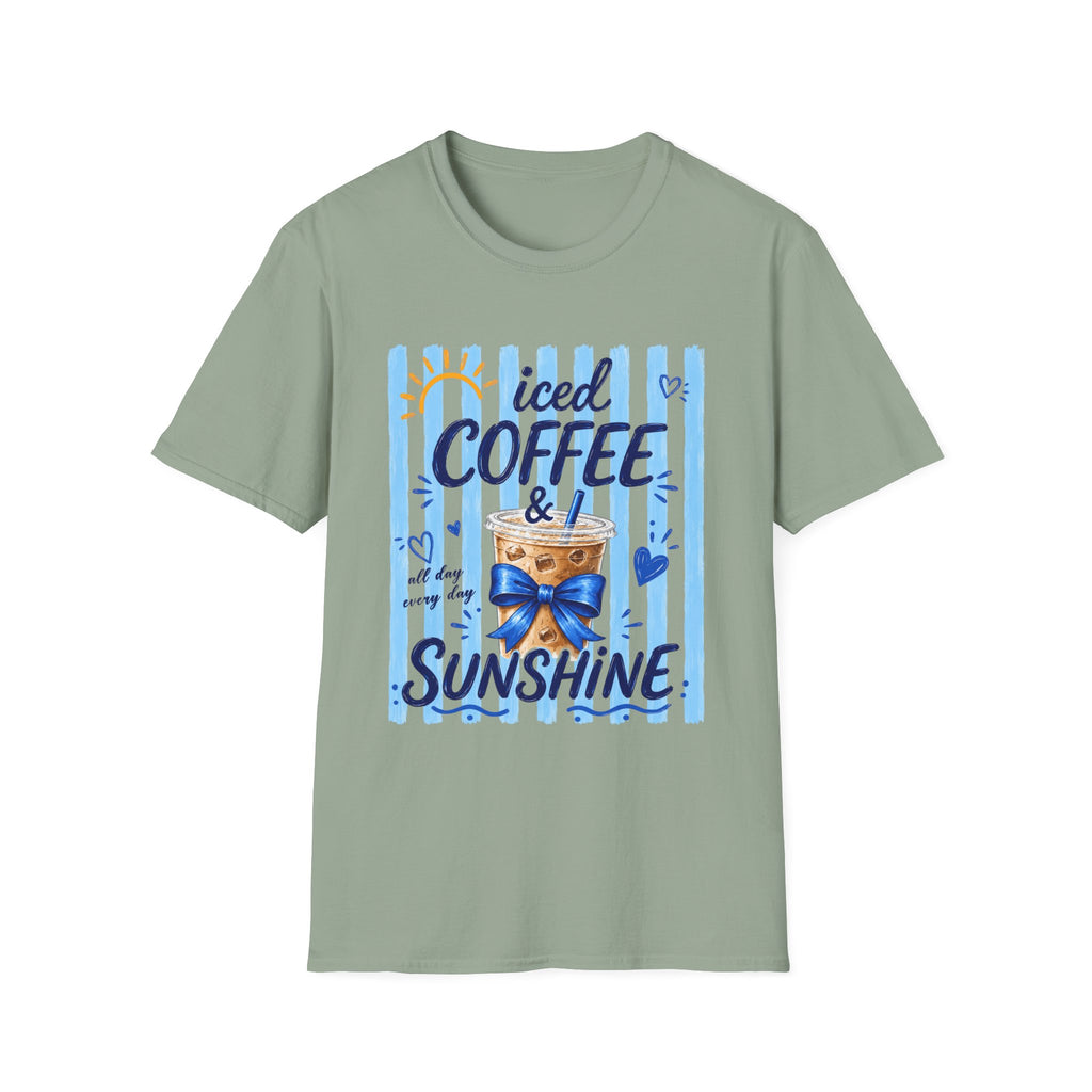 Iced Coffee & Sunshine T-Shirt — Cute Blue Striped Summer Tee
