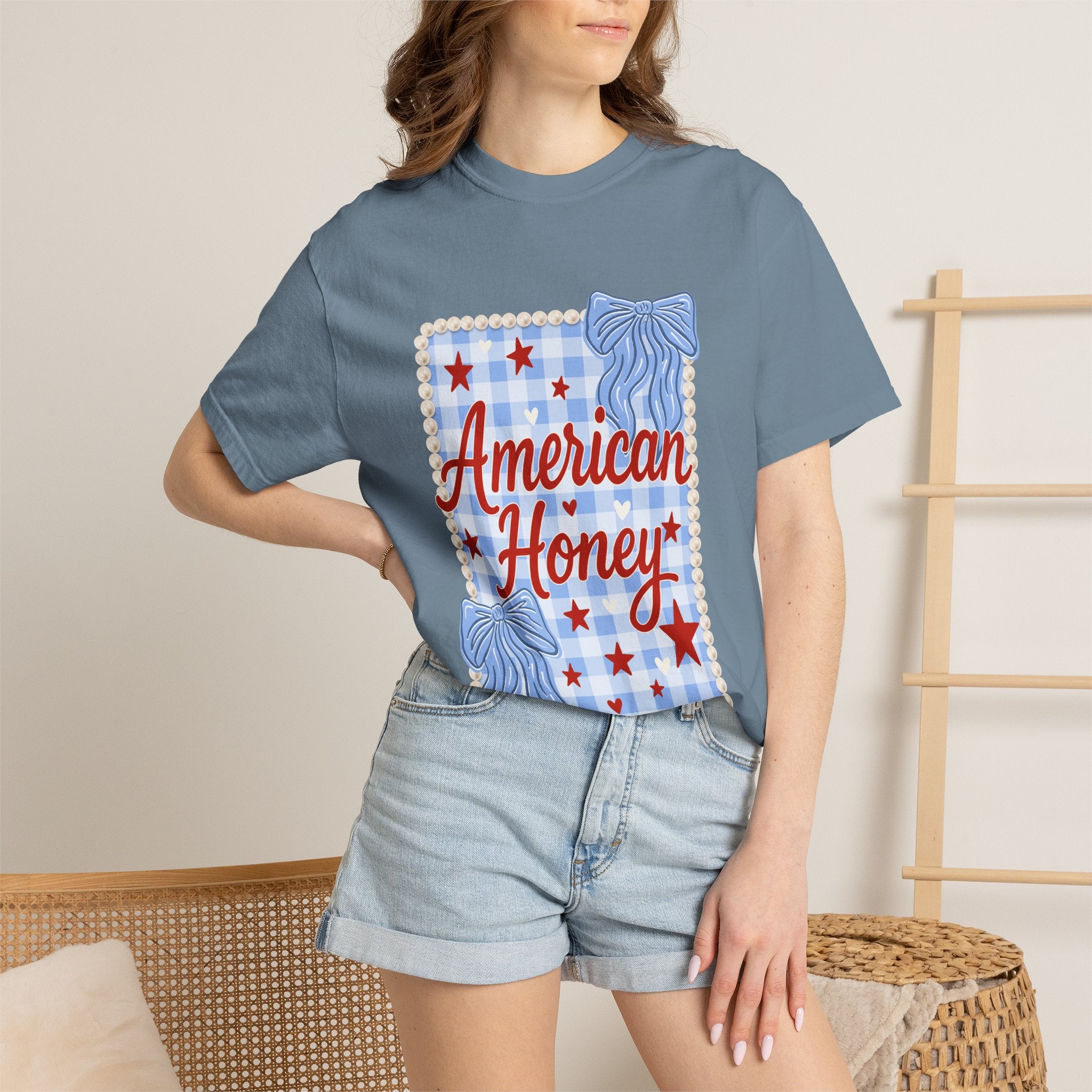 American Honey T-Shirt — Patriotic Gingham Graphic Tee