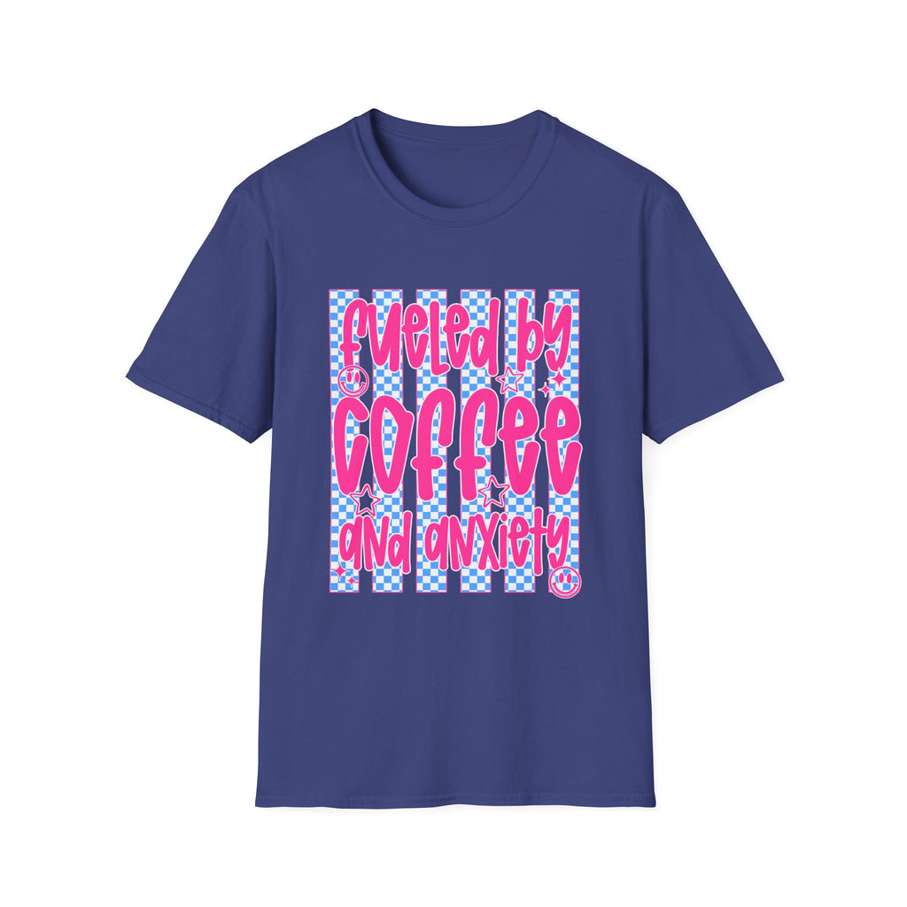 Fueled By Coffee And Anxiety T-Shirt — Retro Pink & Blue Checker Graphic