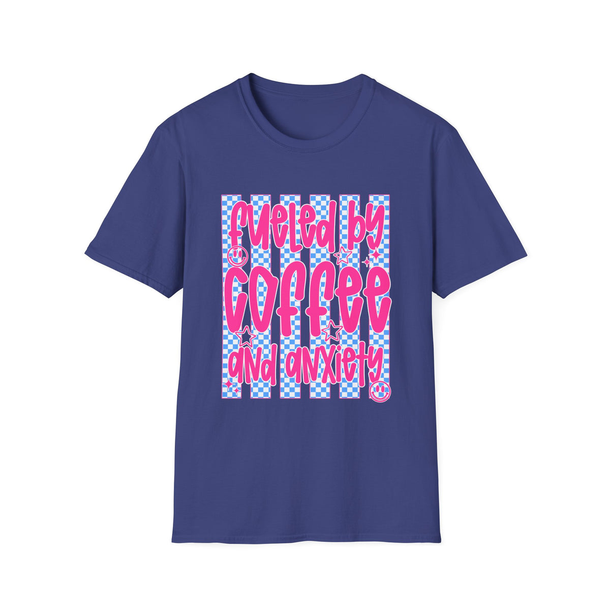 Fueled By Coffee And Anxiety T-Shirt — Retro Pink & Blue Checker Graphic