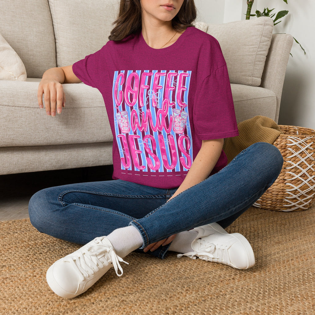 Coffee and Jesus T‑Shirt — Retro Pink & Blue Faith Graphic Tee