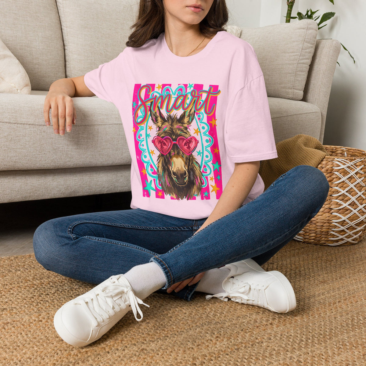 Smart Donkey T-Shirt — Colorful Heart-Sunglasses Graphic Tee for Animal Lovers