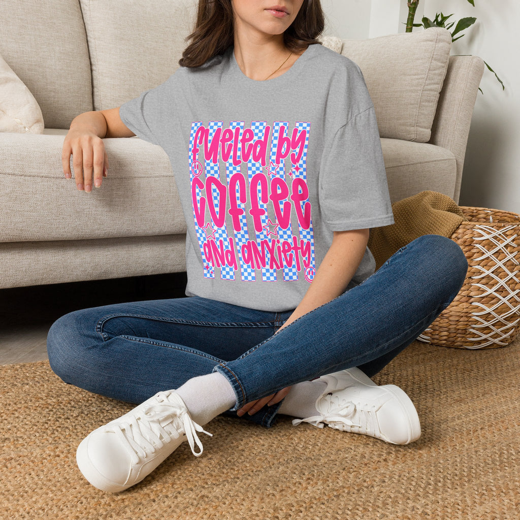 Fueled By Coffee And Anxiety T-Shirt — Retro Pink & Blue Checker Graphic