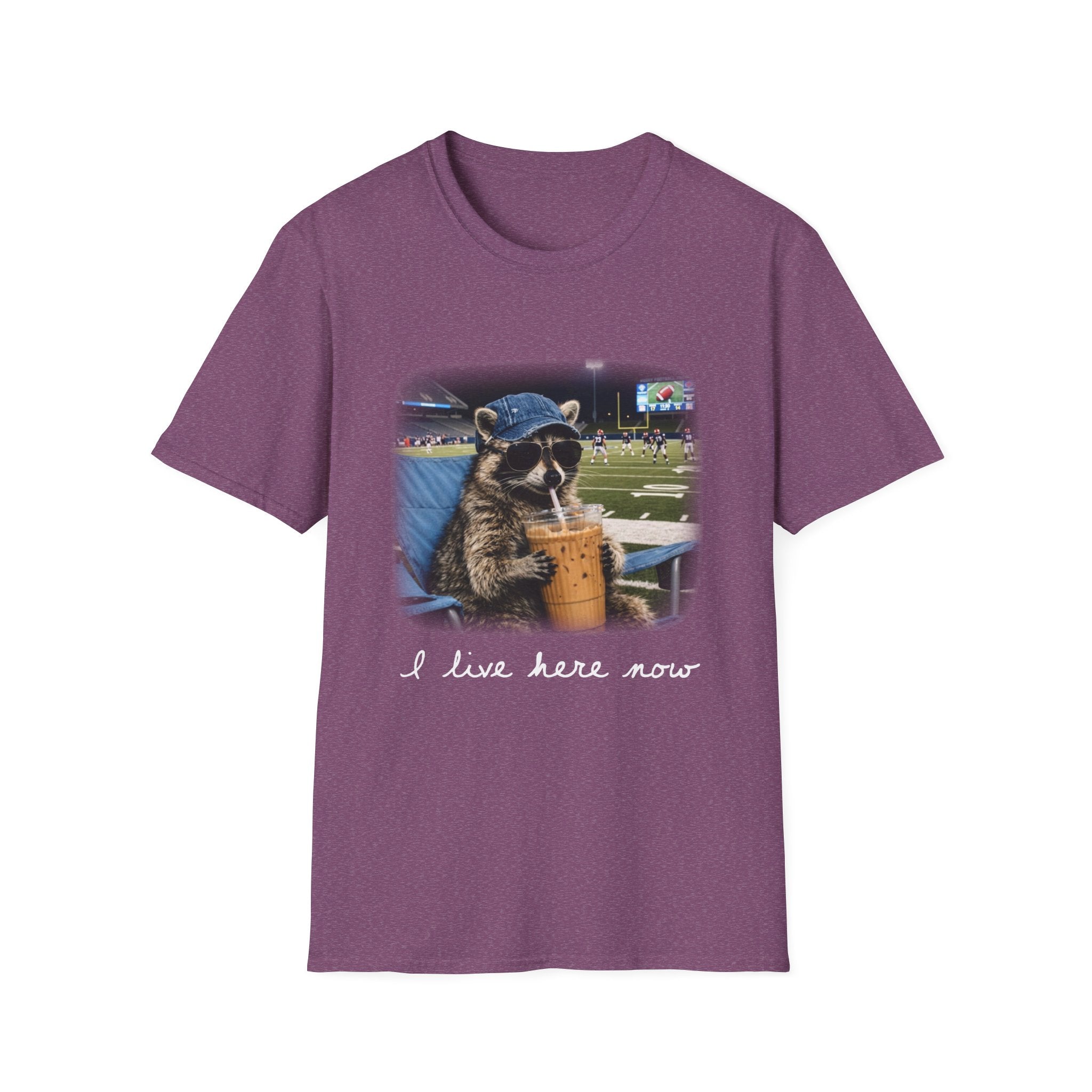 Raccoon Football Stadium Tee – "I Live Here Now" Graphic T-Shirt