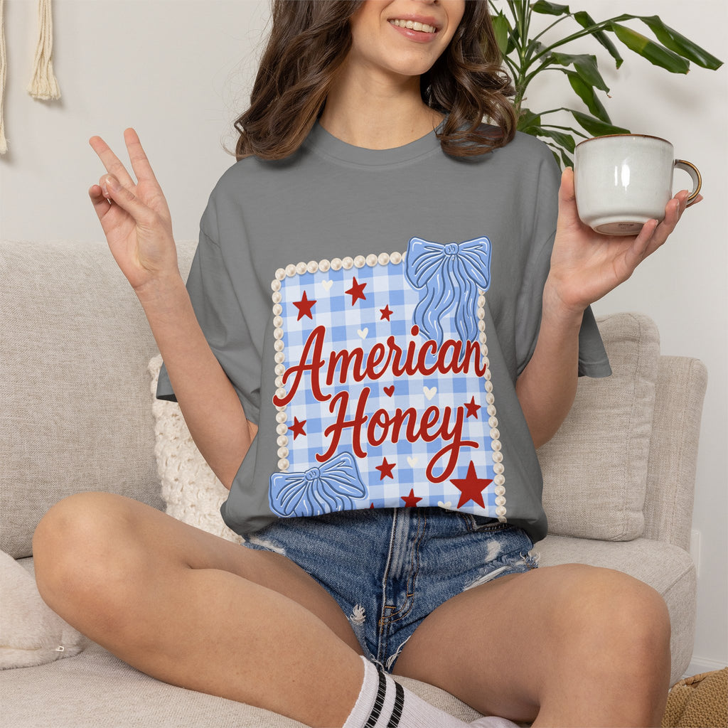 American Honey T-Shirt — Patriotic Gingham Graphic Tee