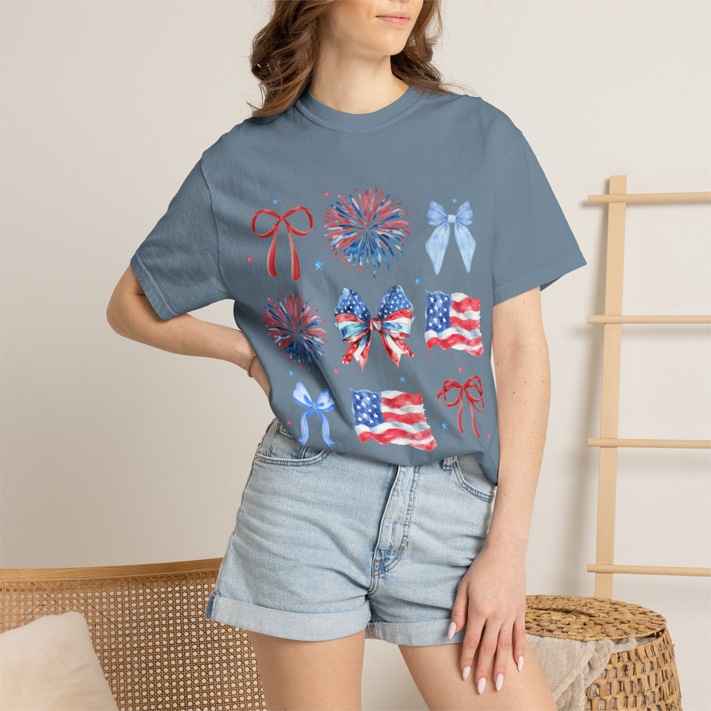 Patriotic Bows & Fireworks T-Shirt — American Flag Fourth of July Tee
