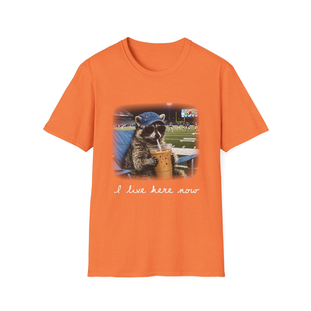 Raccoon Football Stadium Tee – "I Live Here Now" Graphic T-Shirt