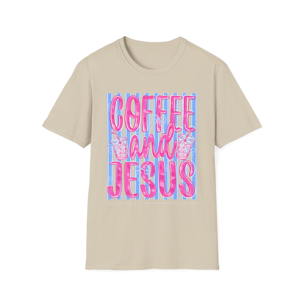 Coffee and Jesus T‑Shirt — Retro Pink & Blue Faith Graphic Tee