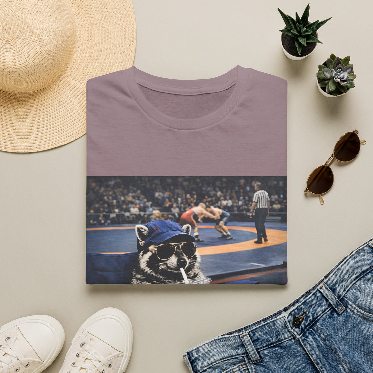 Wrestling Raccoon T‑Shirt — 'I Live Here Now' Funny Sports Tee