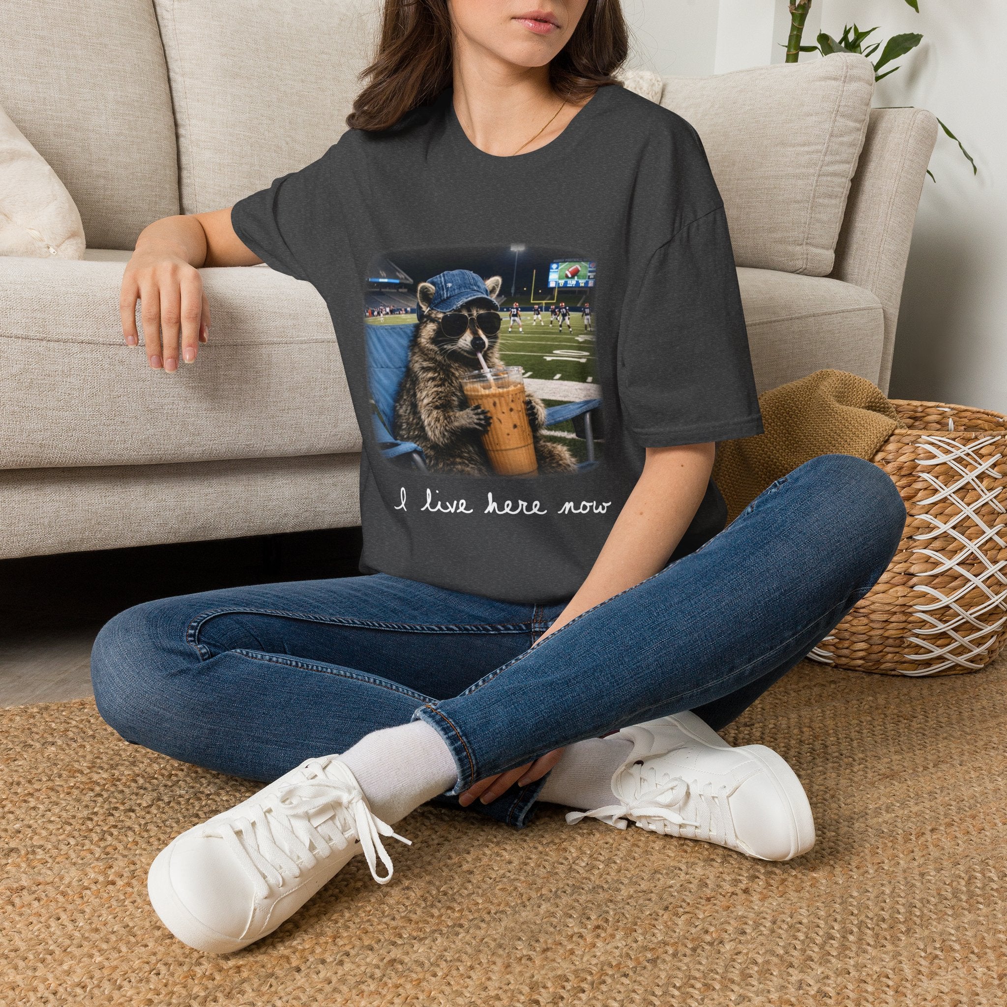 Raccoon Football Stadium Tee – "I Live Here Now" Graphic T-Shirt