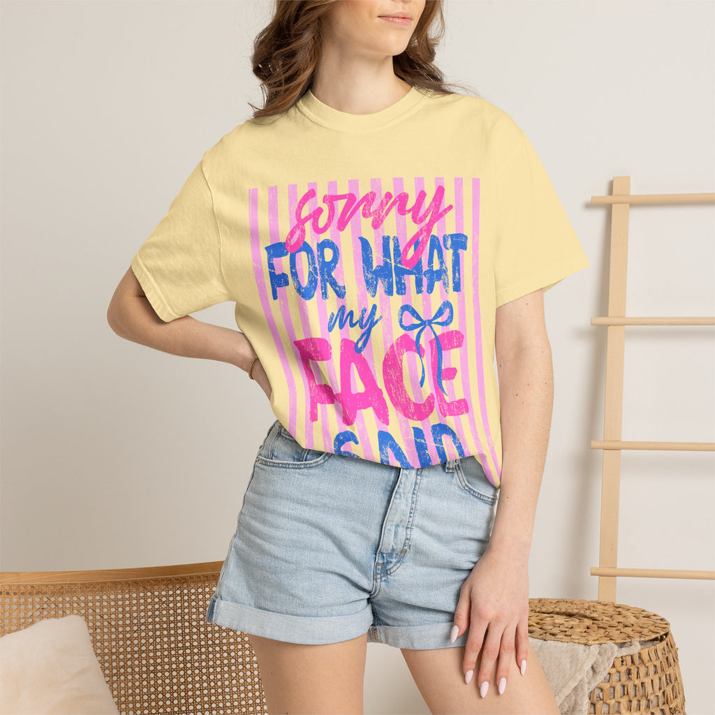 T-Shirt — "Sorry For What My Face Said" Graphic Tee (Pink & Blue Stripes)