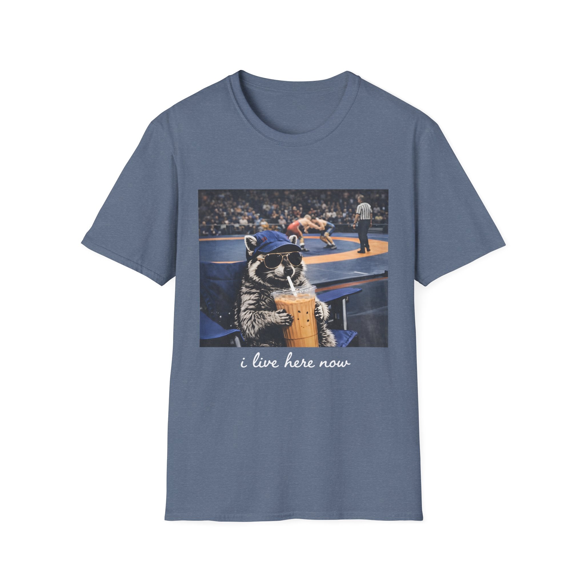 Wrestling Raccoon T‑Shirt — 'I Live Here Now' Funny Sports Tee