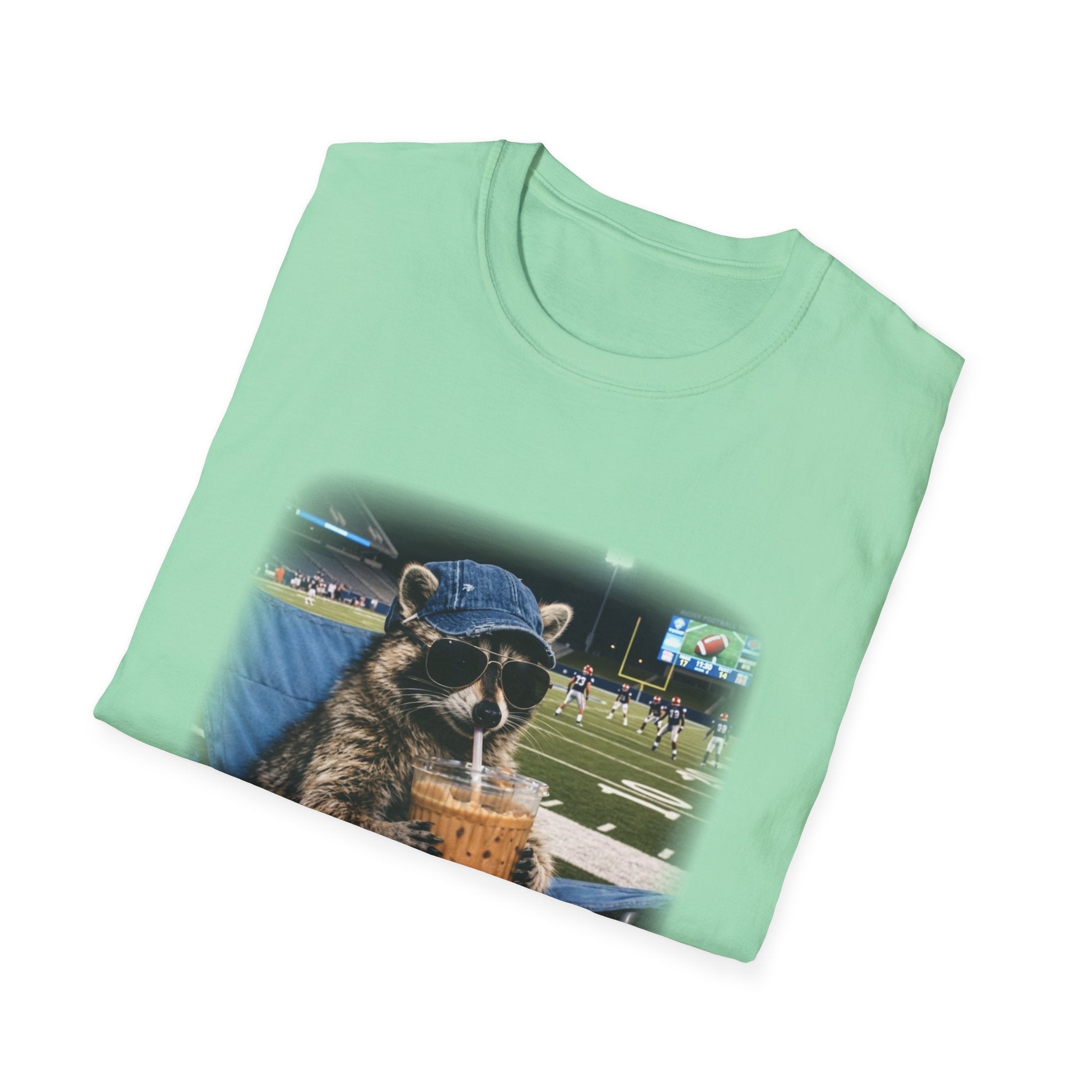 Raccoon Football Stadium Tee – "I Live Here Now" Graphic T-Shirt
