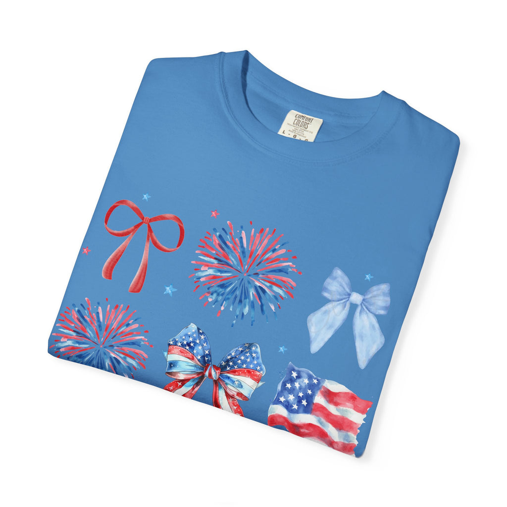 Patriotic Bows & Fireworks T-Shirt — American Flag Fourth of July Tee