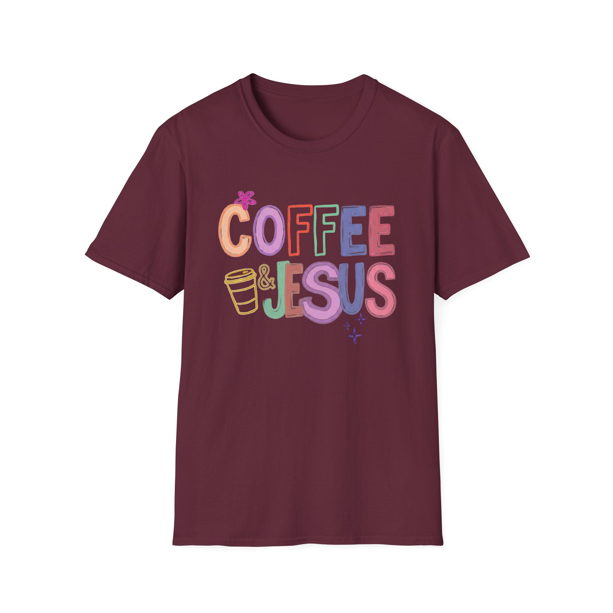Coffee & Jesus T‑Shirt — Colorful Faith Graphic Tee for Women
