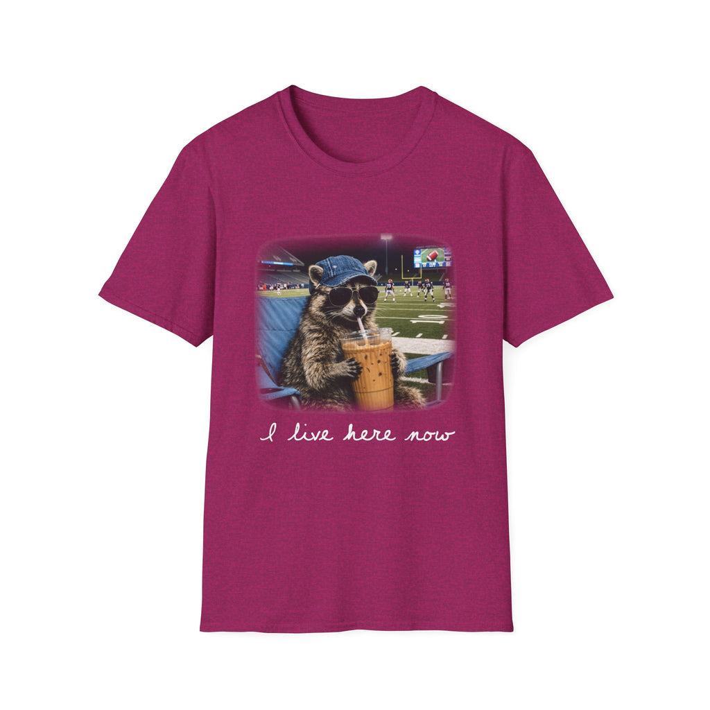 Raccoon Football Stadium Tee – "I Live Here Now" Graphic T-Shirt