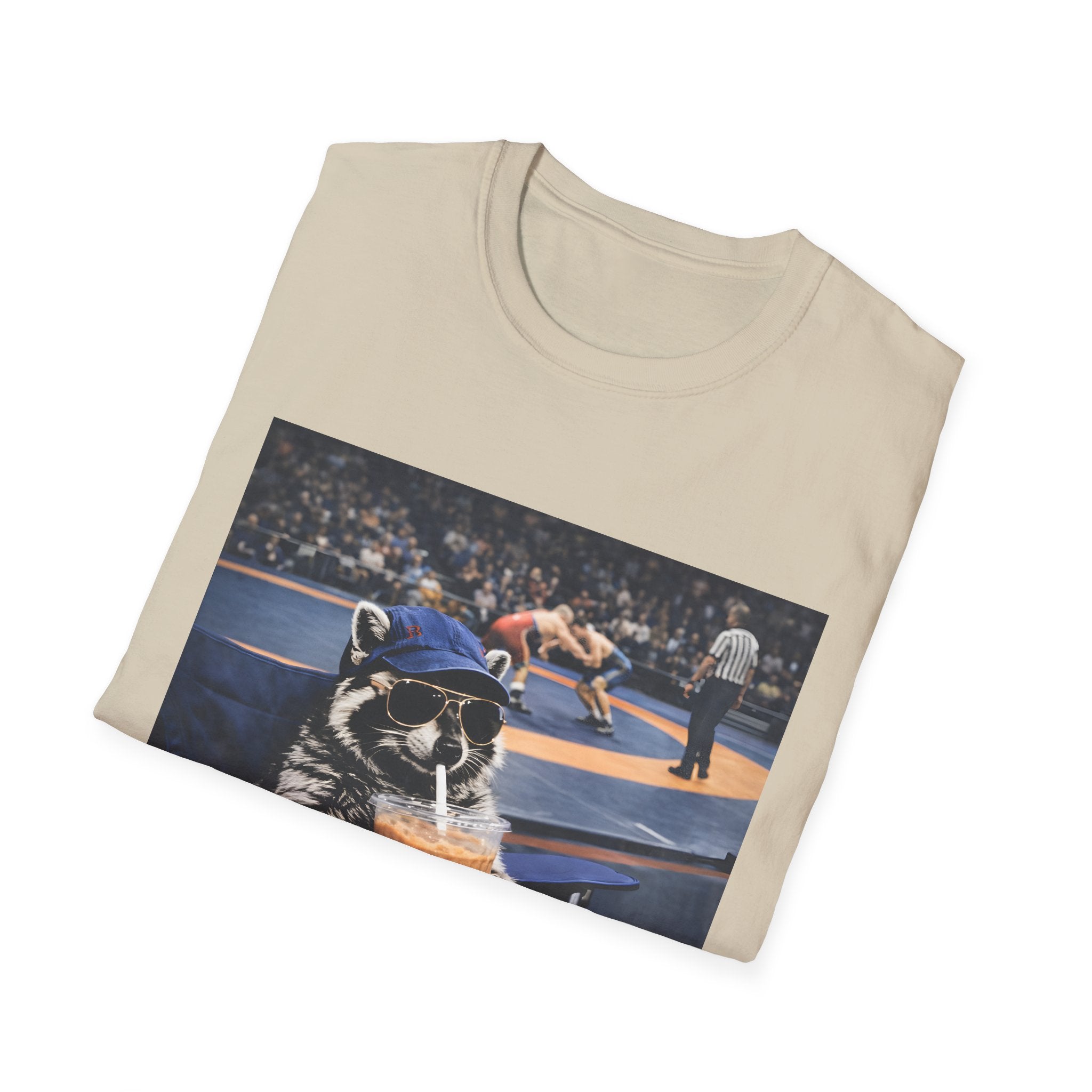 Wrestling Raccoon T‑Shirt — 'I Live Here Now' Funny Sports Tee