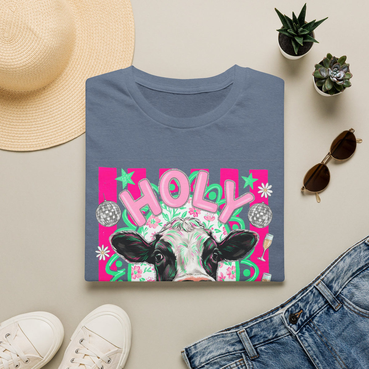 Holly Cow Graphic T-Shirt — Festive Cow Art Tee