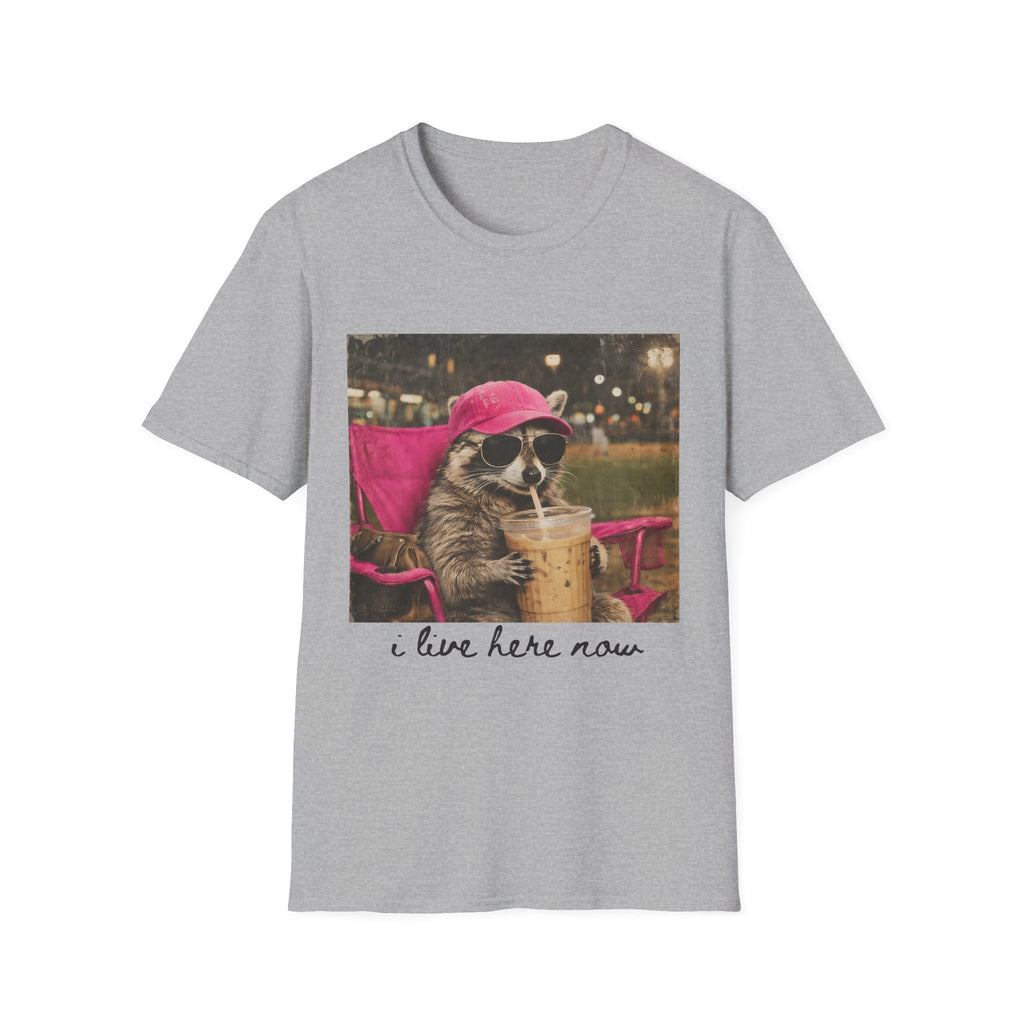 Raccoon Baseball/Softball Relaxing T-Shirt — 'Live Here Now' Retro Vacation Graphic Tee
