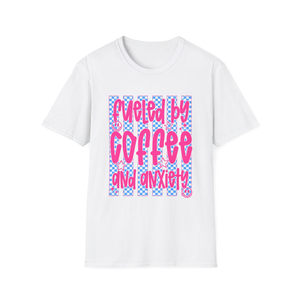 Fueled By Coffee And Anxiety T-Shirt — Retro Pink & Blue Checker Graphic