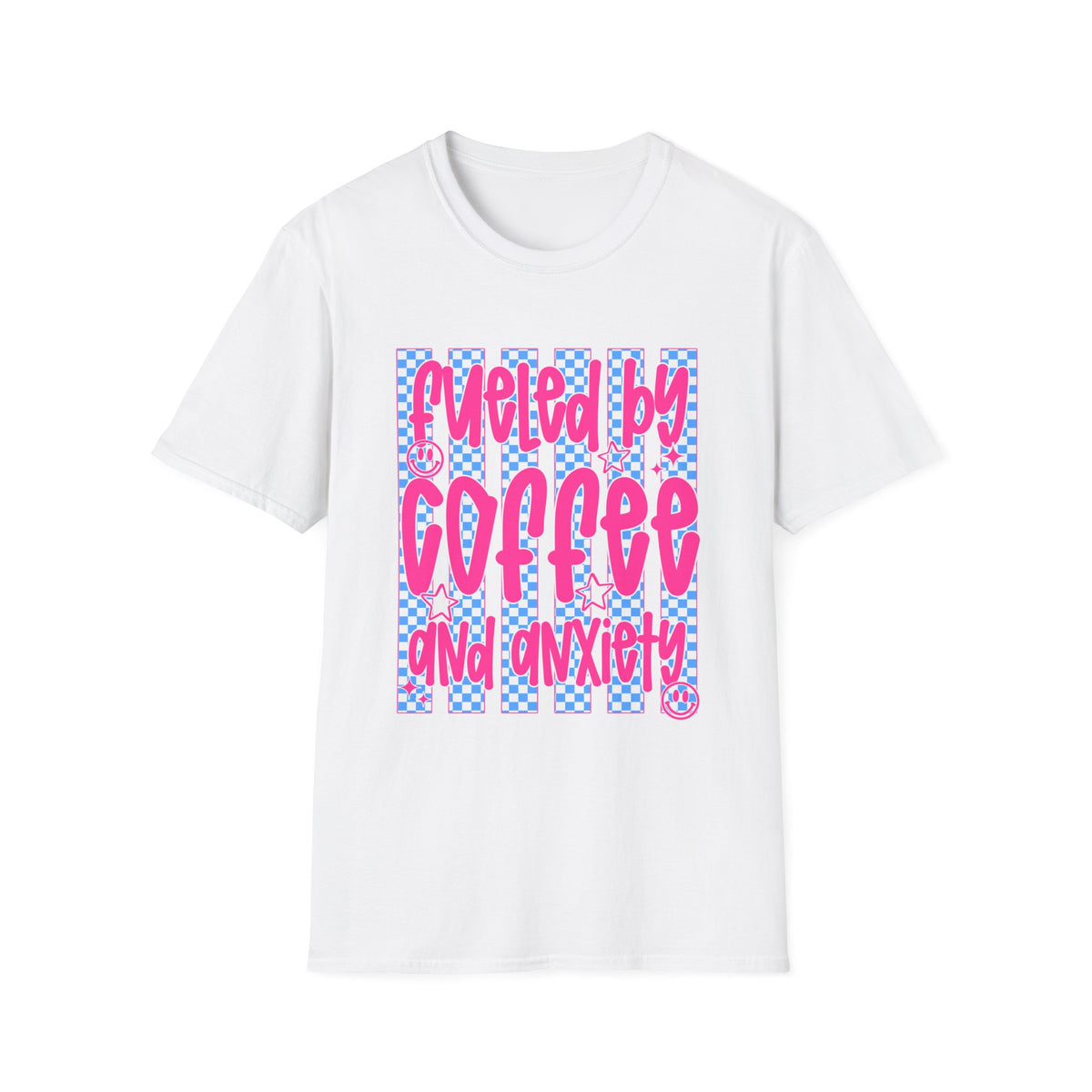 Fueled By Coffee And Anxiety T-Shirt — Retro Pink & Blue Checker Graphic