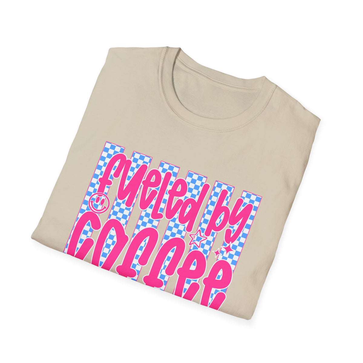 Fueled By Coffee And Anxiety T-Shirt — Retro Pink & Blue Checker Graphic