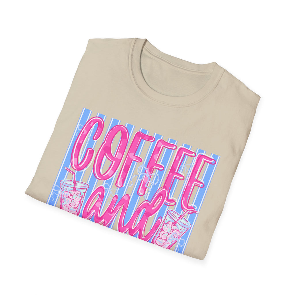 Coffee and Jesus T‑Shirt — Retro Pink & Blue Faith Graphic Tee