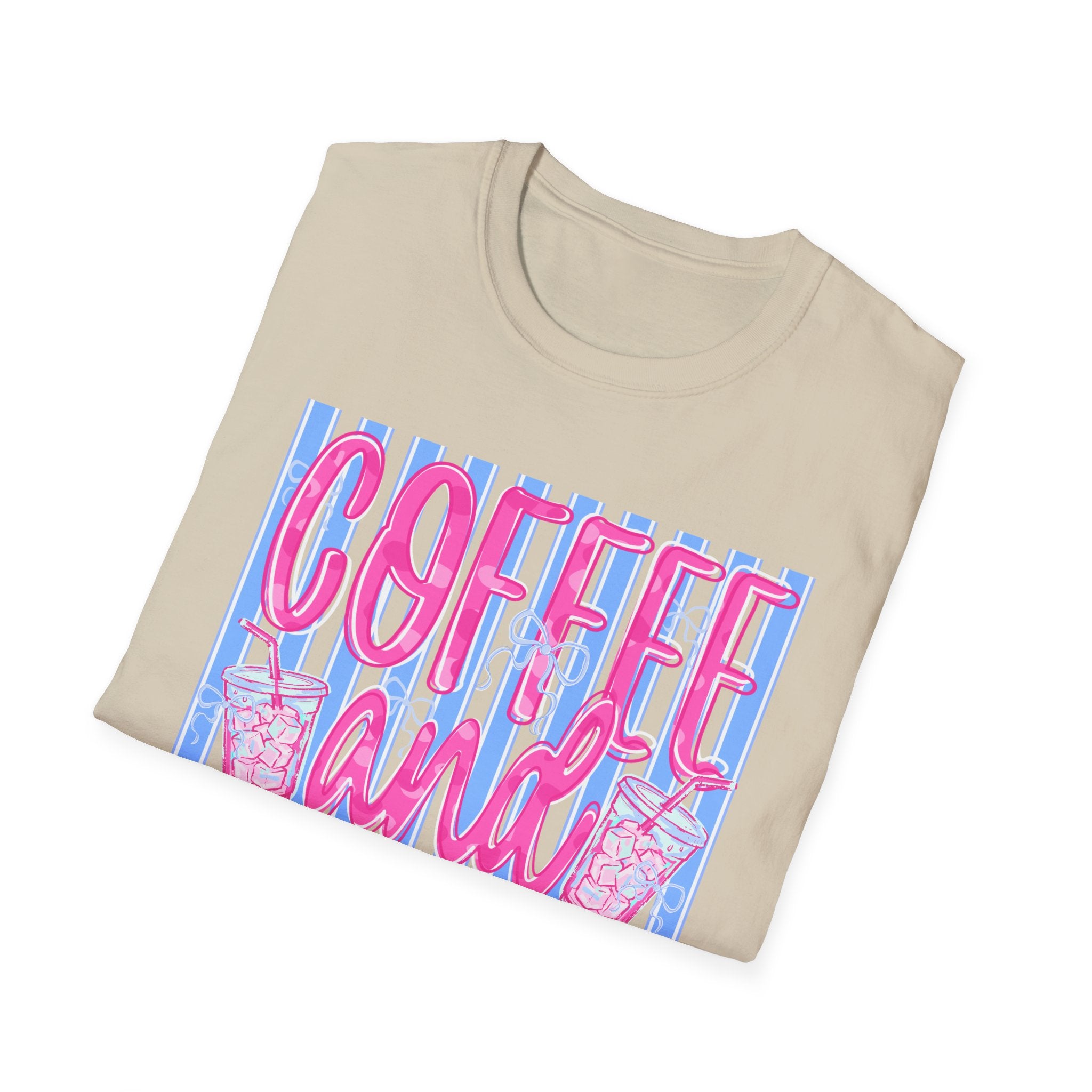 Coffee and Jesus T‑Shirt — Retro Pink & Blue Faith Graphic Tee