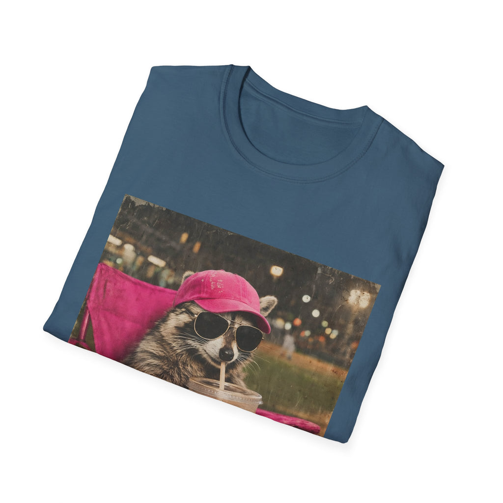 Raccoon Baseball/Softball Relaxing T-Shirt — 'Live Here Now' Retro Vacation Graphic Tee