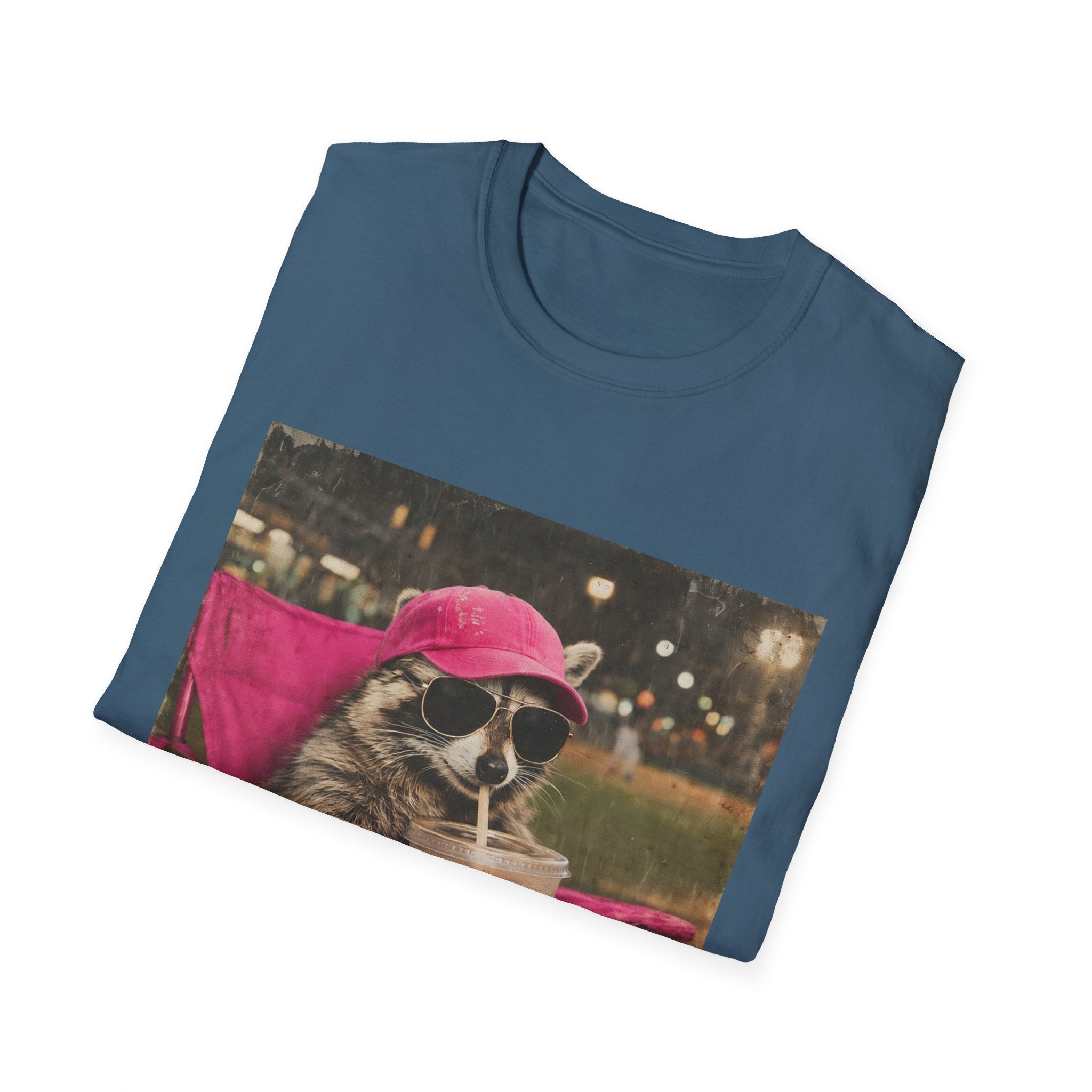 Raccoon Baseball/Softball Relaxing T-Shirt — 'Live Here Now' Retro Vacation Graphic Tee
