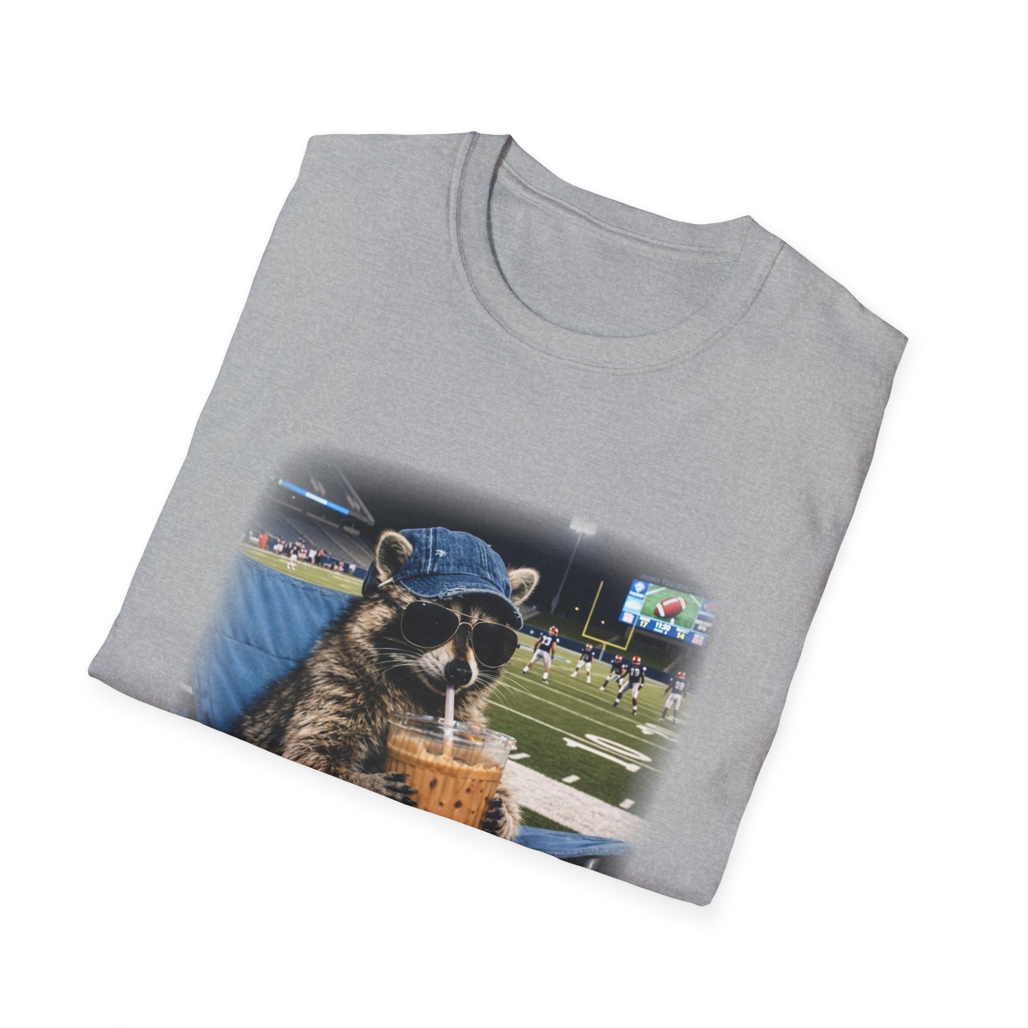 Raccoon Football Stadium Tee – "I Live Here Now" Graphic T-Shirt