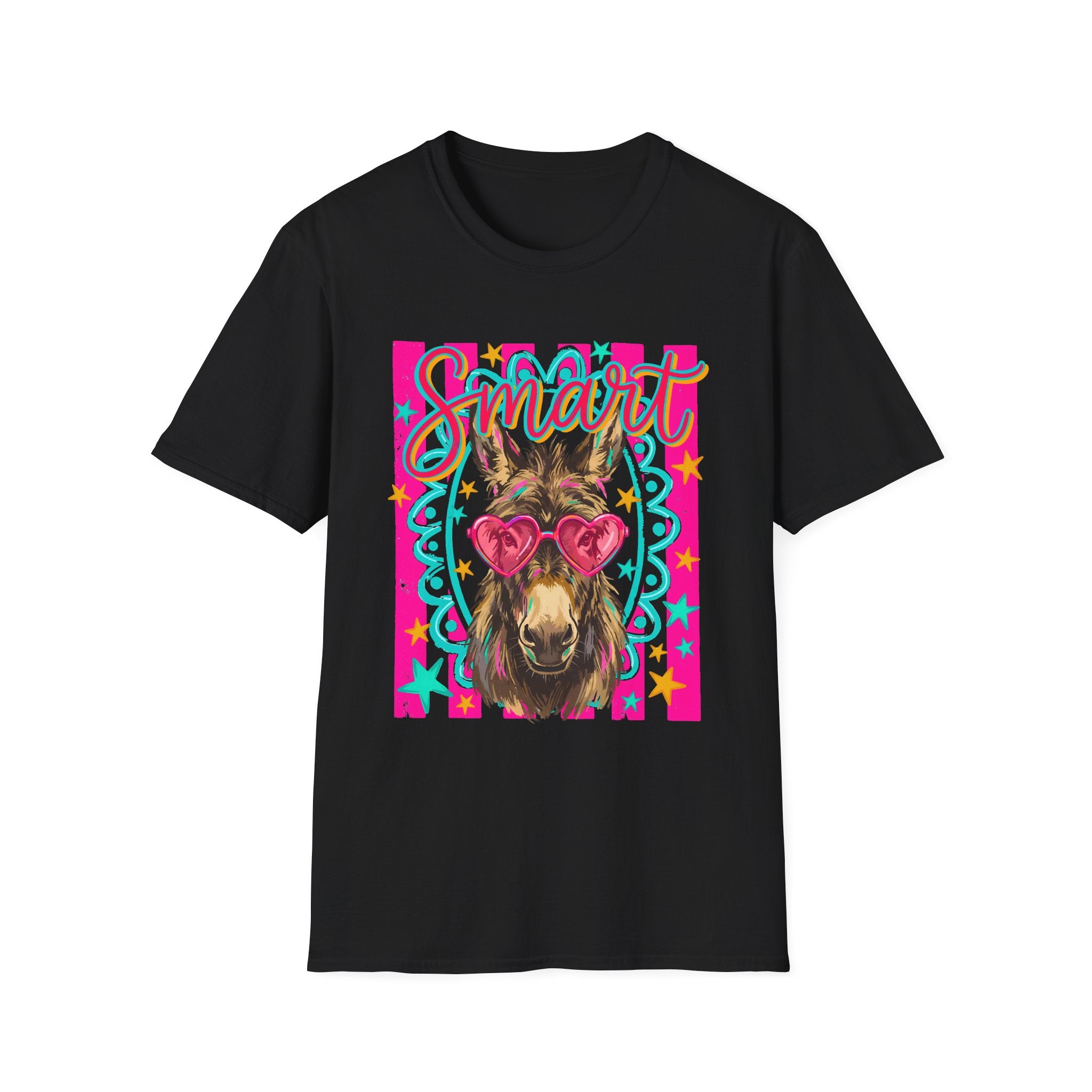 Smart Donkey T-Shirt — Colorful Heart-Sunglasses Graphic Tee for Animal Lovers