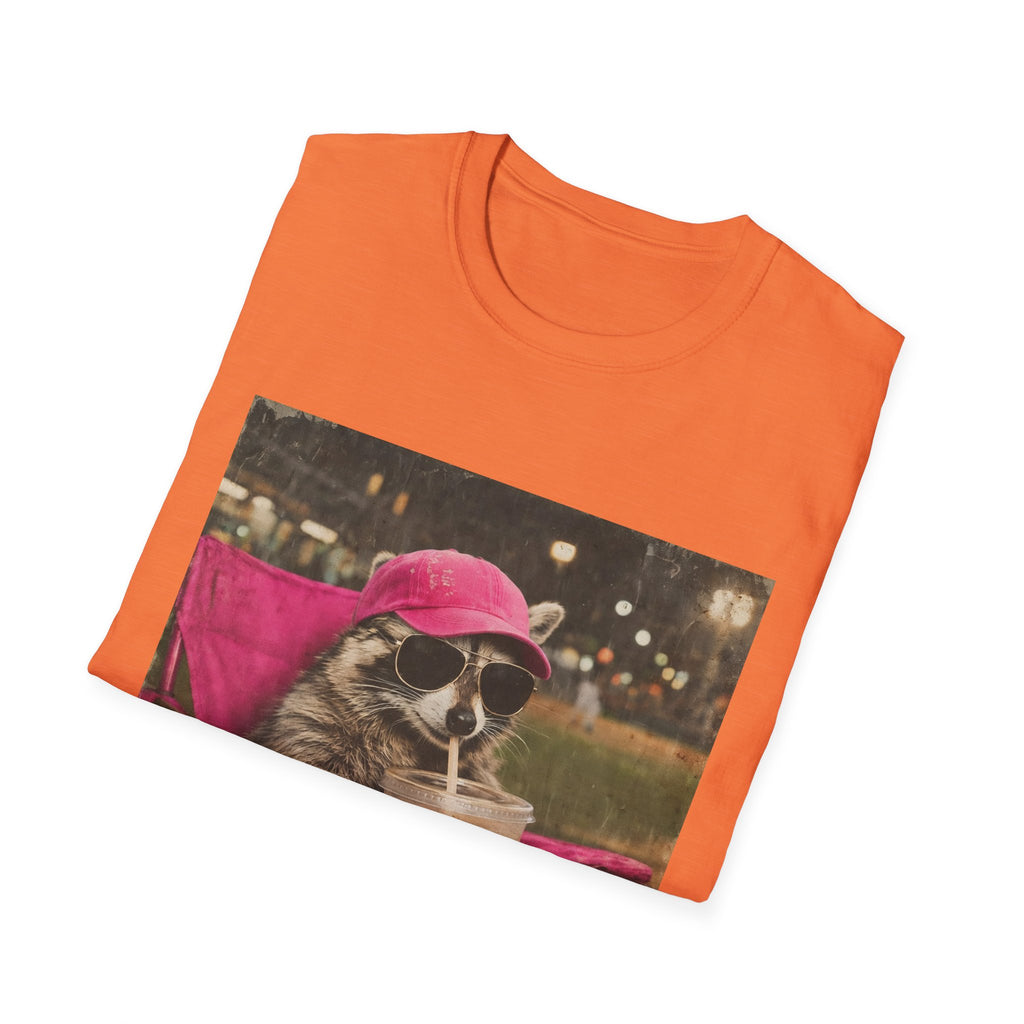 Raccoon Baseball/Softball Relaxing T-Shirt — 'Live Here Now' Retro Vacation Graphic Tee