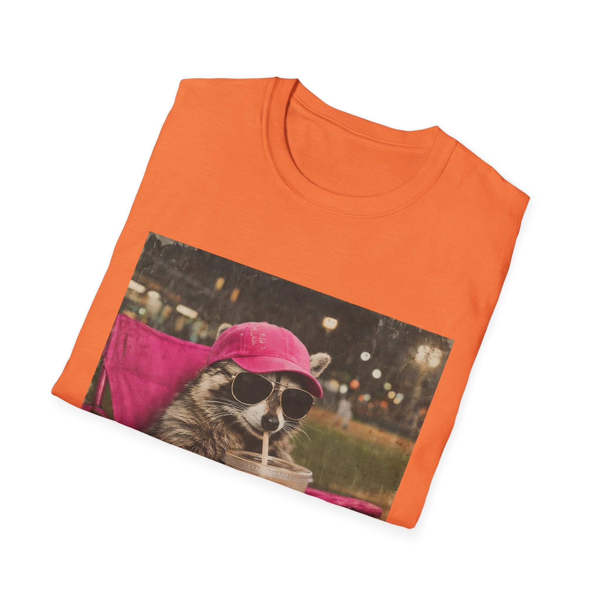 Raccoon Baseball/Softball Relaxing T-Shirt — 'Live Here Now' Retro Vacation Graphic Tee
