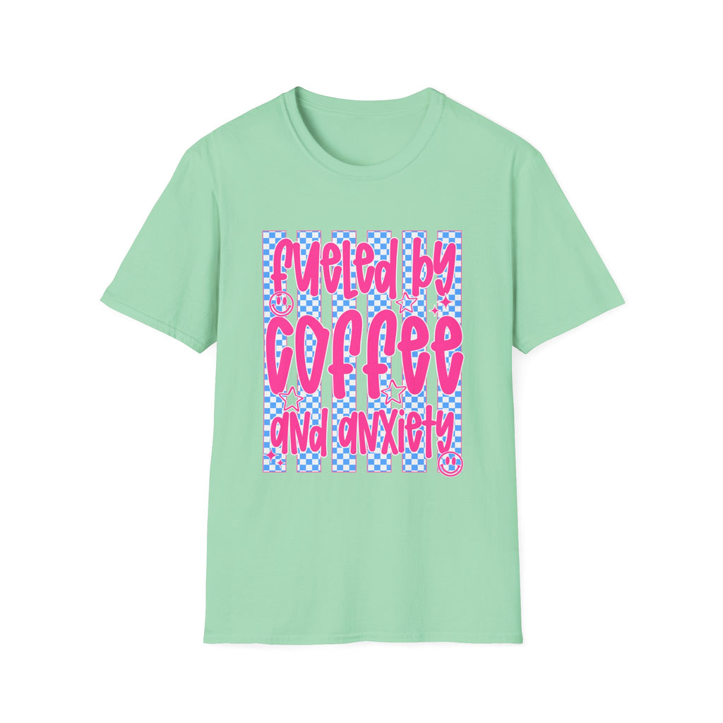 Fueled By Coffee And Anxiety T-Shirt — Retro Pink & Blue Checker Graphic