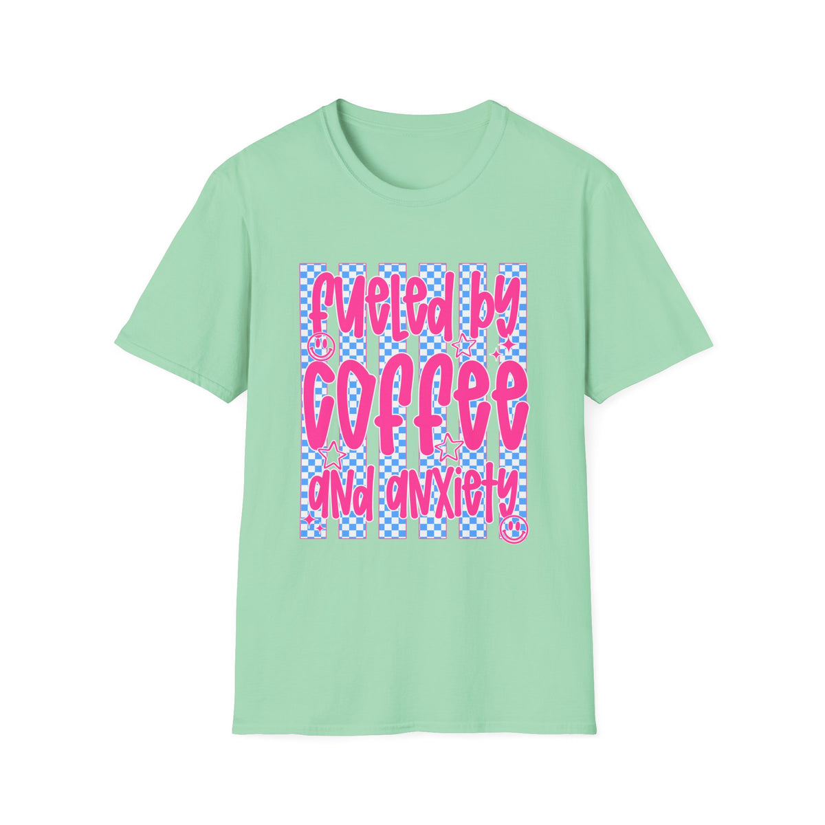 Fueled By Coffee And Anxiety T-Shirt — Retro Pink & Blue Checker Graphic