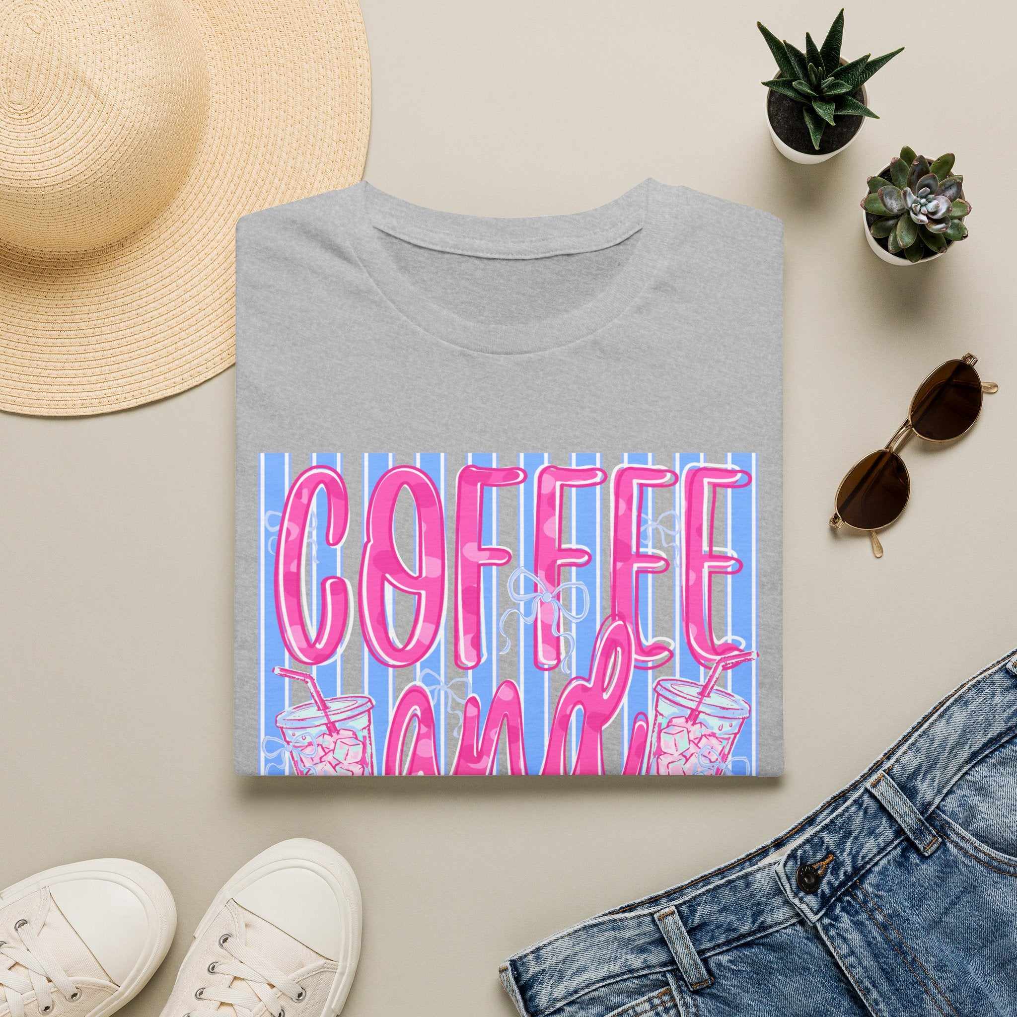 Coffee and Jesus T‑Shirt — Retro Pink & Blue Faith Graphic Tee