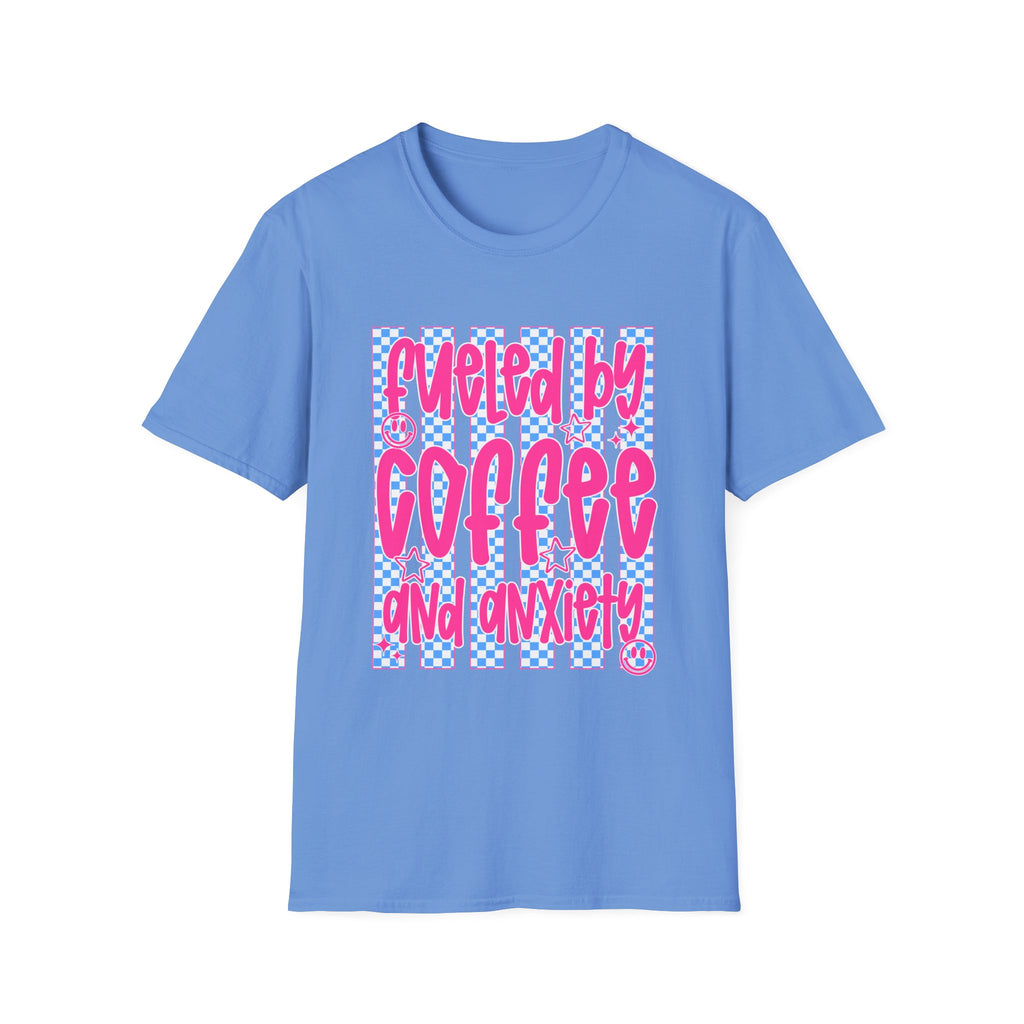 Fueled By Coffee And Anxiety T-Shirt — Retro Pink & Blue Checker Graphic