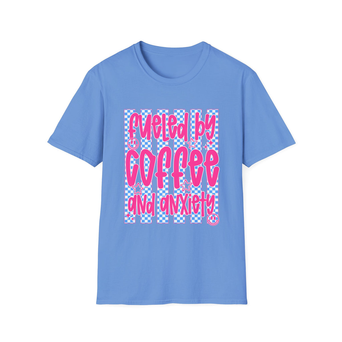 Fueled By Coffee And Anxiety T-Shirt — Retro Pink & Blue Checker Graphic
