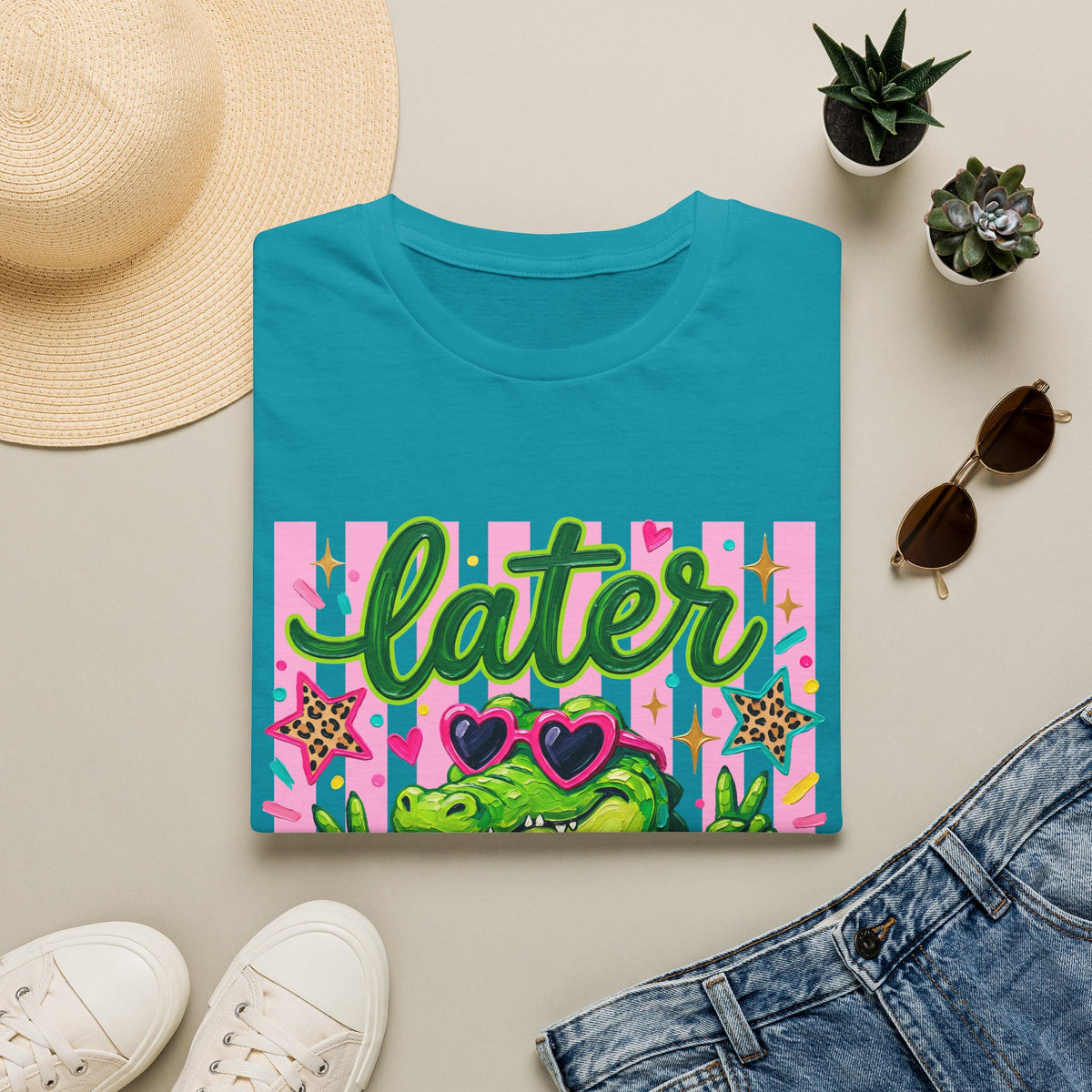 Later Alligator T-Shirt — Cute Retro Croc Graphic Tee with Heart Sunglasses
