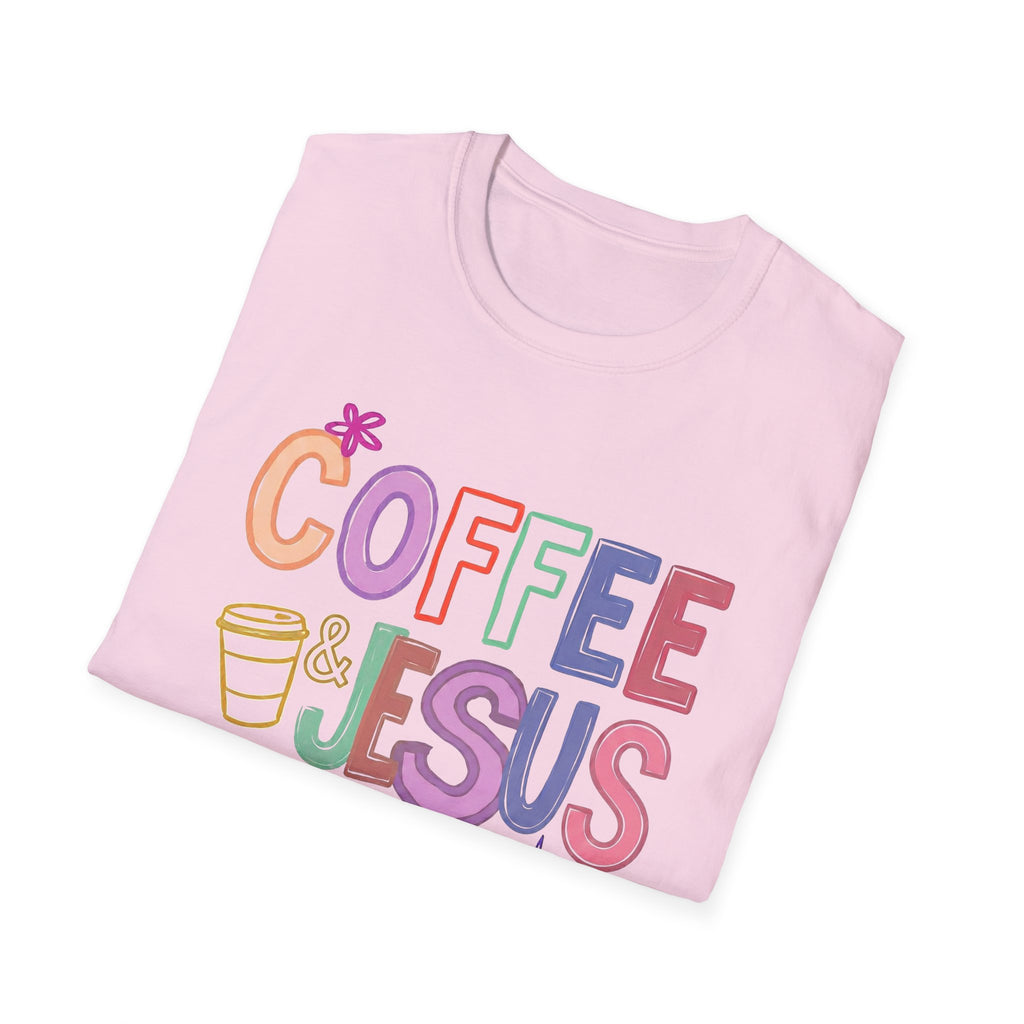 Coffee & Jesus T‑Shirt — Colorful Faith Graphic Tee for Women