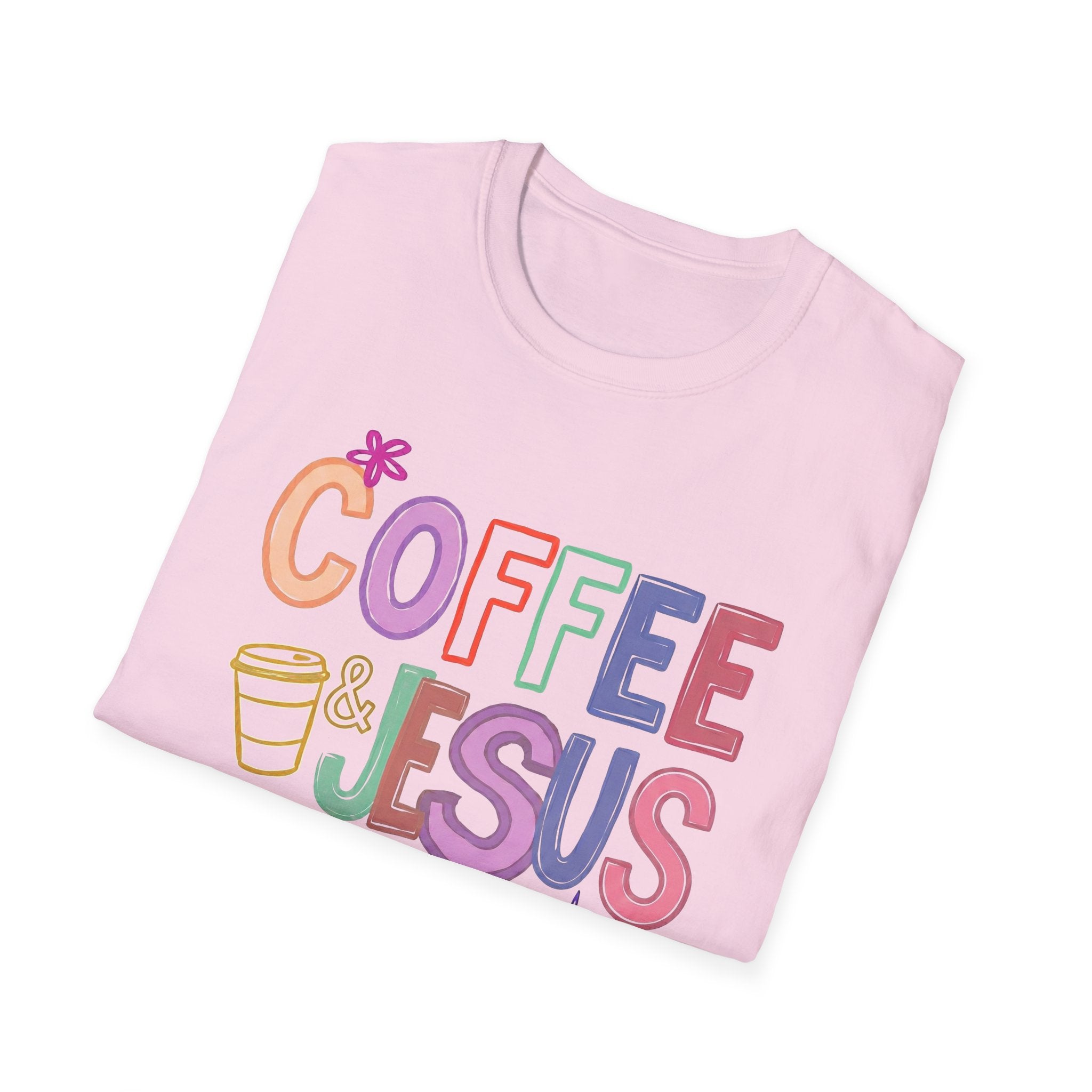 Coffee & Jesus T‑Shirt — Colorful Faith Graphic Tee for Women