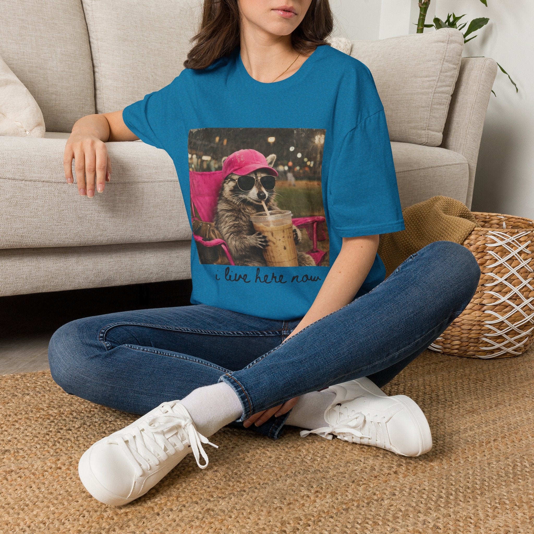 Raccoon Baseball/Softball Relaxing T-Shirt — 'Live Here Now' Retro Vacation Graphic Tee
