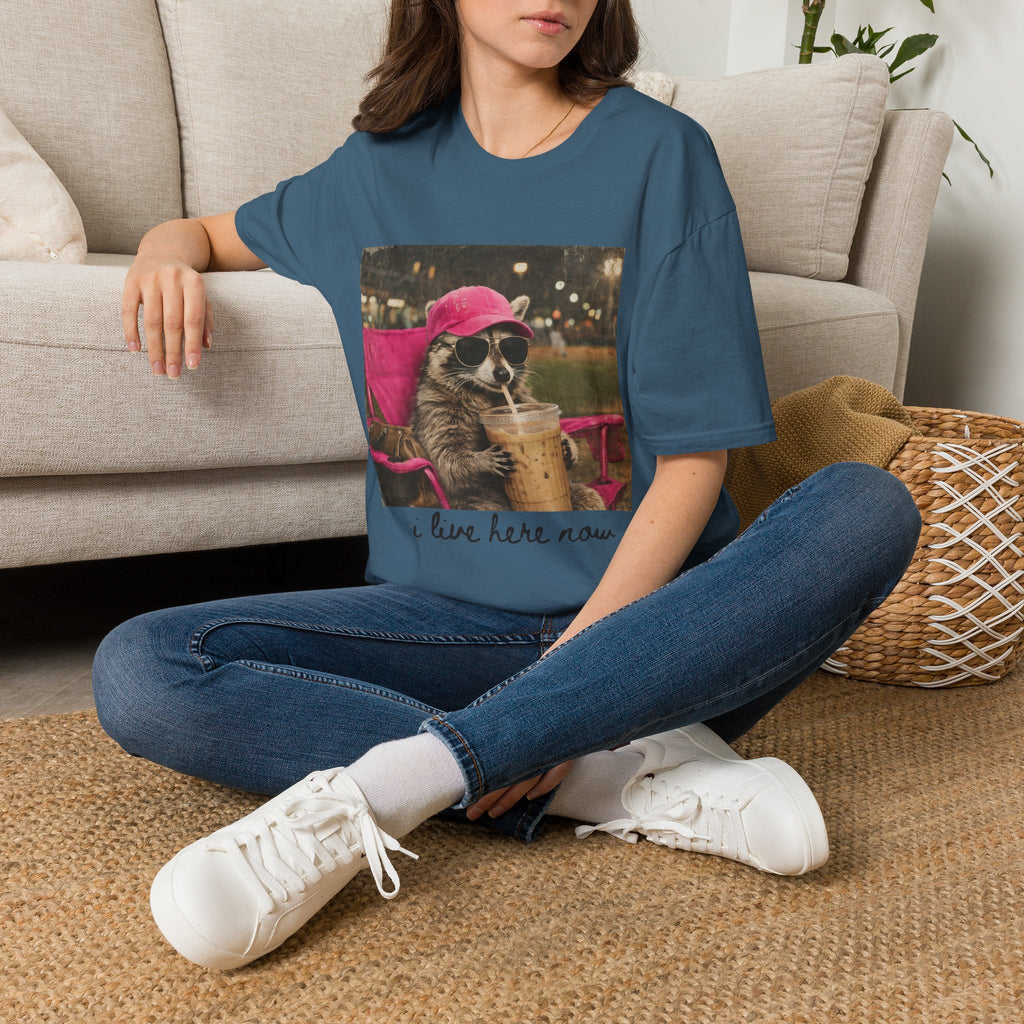 Raccoon Baseball/Softball Relaxing T-Shirt — 'Live Here Now' Retro Vacation Graphic Tee