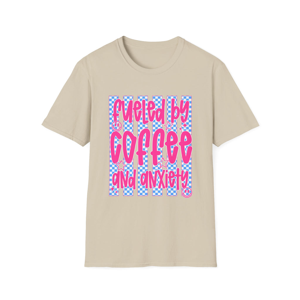 Fueled By Coffee And Anxiety T-Shirt — Retro Pink & Blue Checker Graphic