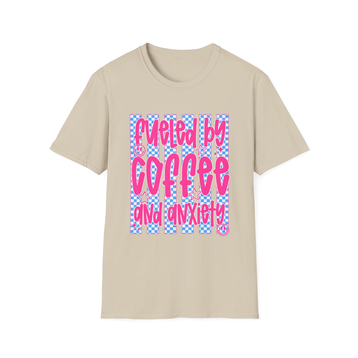 Fueled By Coffee And Anxiety T-Shirt — Retro Pink & Blue Checker Graphic
