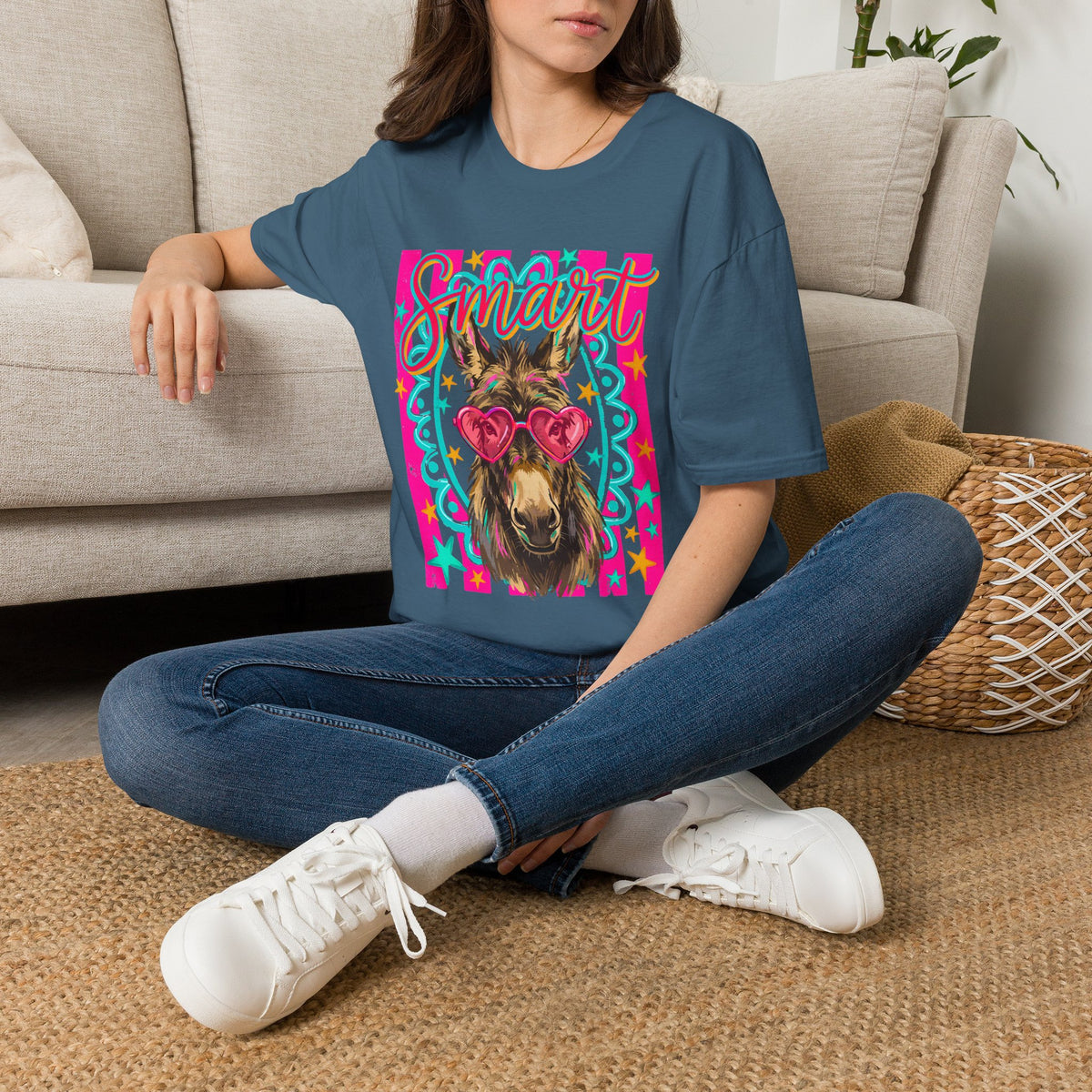 Smart Donkey T-Shirt — Colorful Heart-Sunglasses Graphic Tee for Animal Lovers