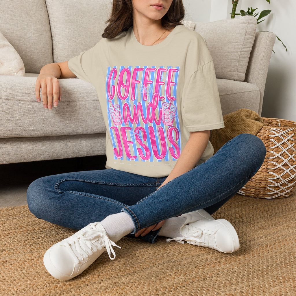Coffee and Jesus T‑Shirt — Retro Pink & Blue Faith Graphic Tee