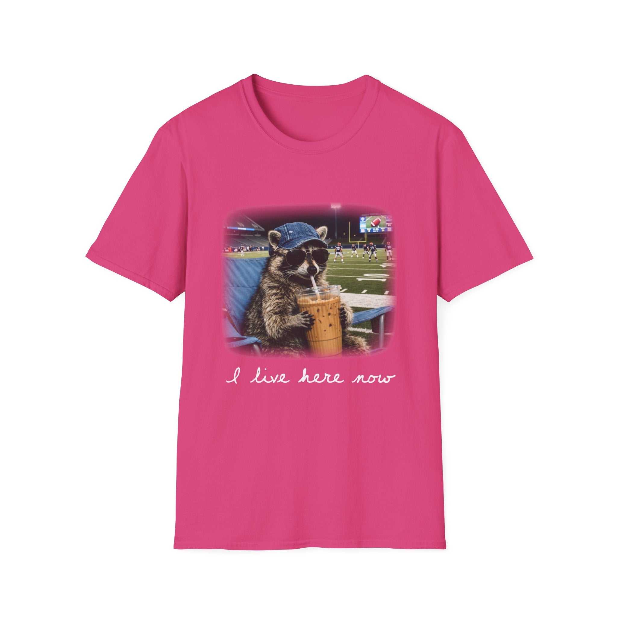 Raccoon Football Stadium Tee – "I Live Here Now" Graphic T-Shirt