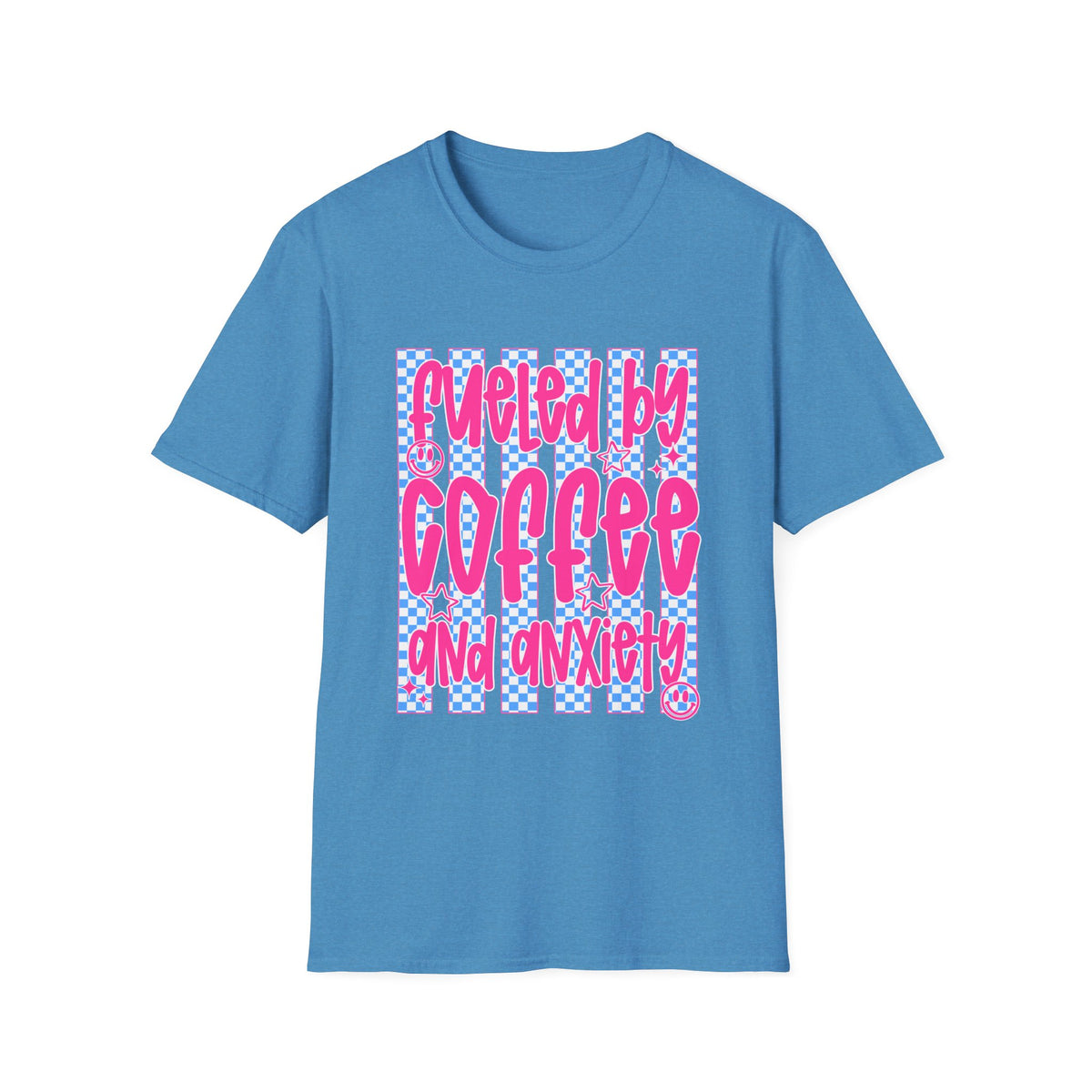 Fueled By Coffee And Anxiety T-Shirt — Retro Pink & Blue Checker Graphic